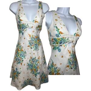 By Johnny Floral Linen Mini Dress Keyhole Open Back AU 6 US 2 Boho Cottagecore